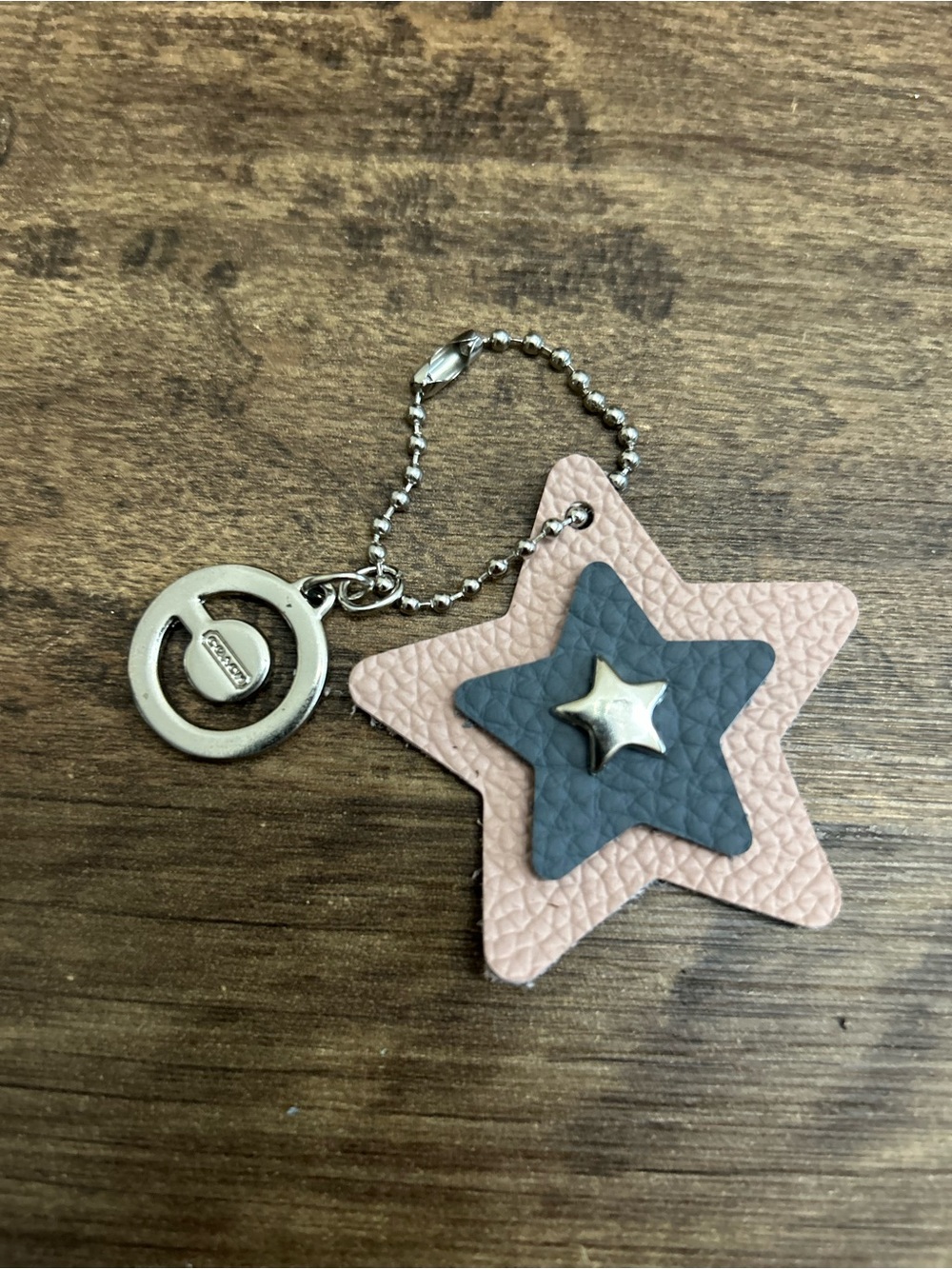 Upcycled Coach Medalion Star Leather Bag Charm/Keychain - Blush Pink and Gray
